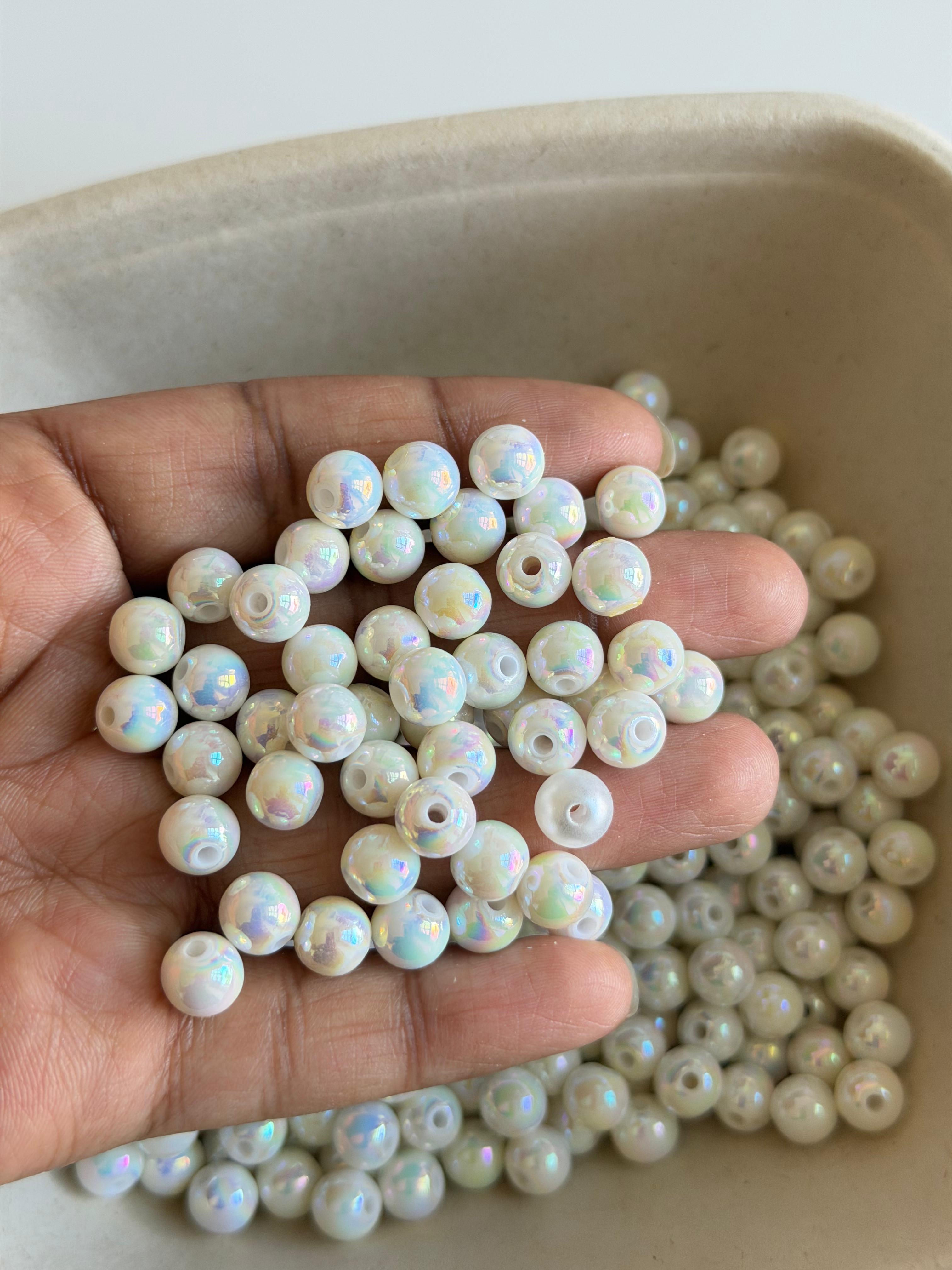 White AB Pearl Round Beads – Iridescent Acrylic