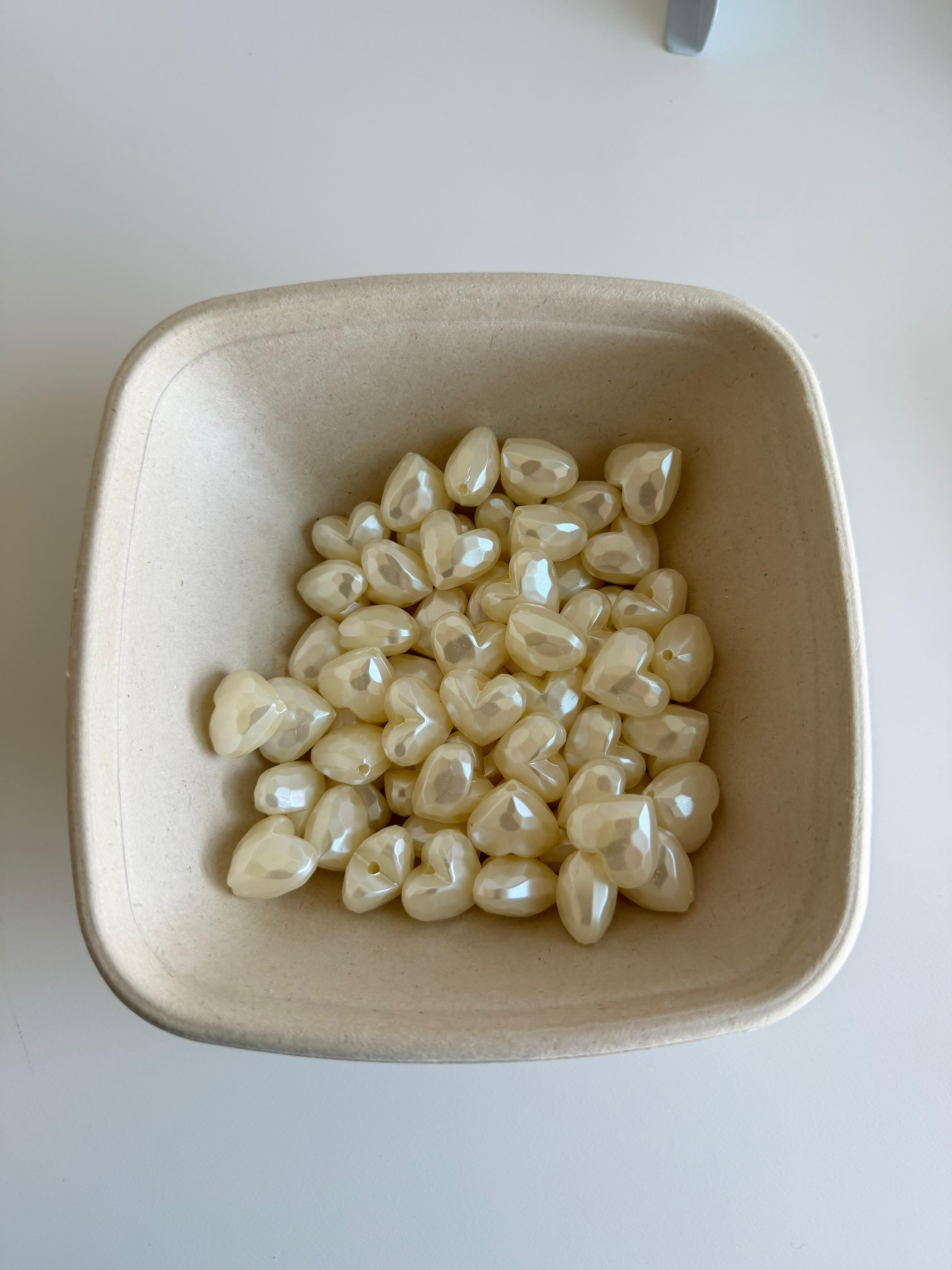 Faceted pearl Heart Beads-Ivory Heart Charms