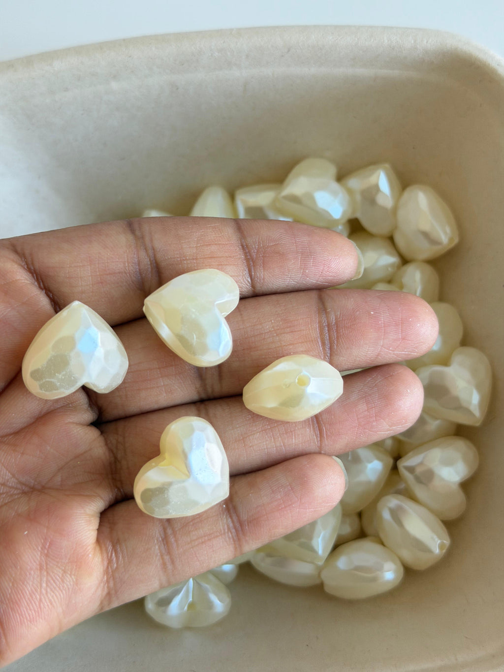 Faceted pearl Heart Beads-Ivory Heart Charms