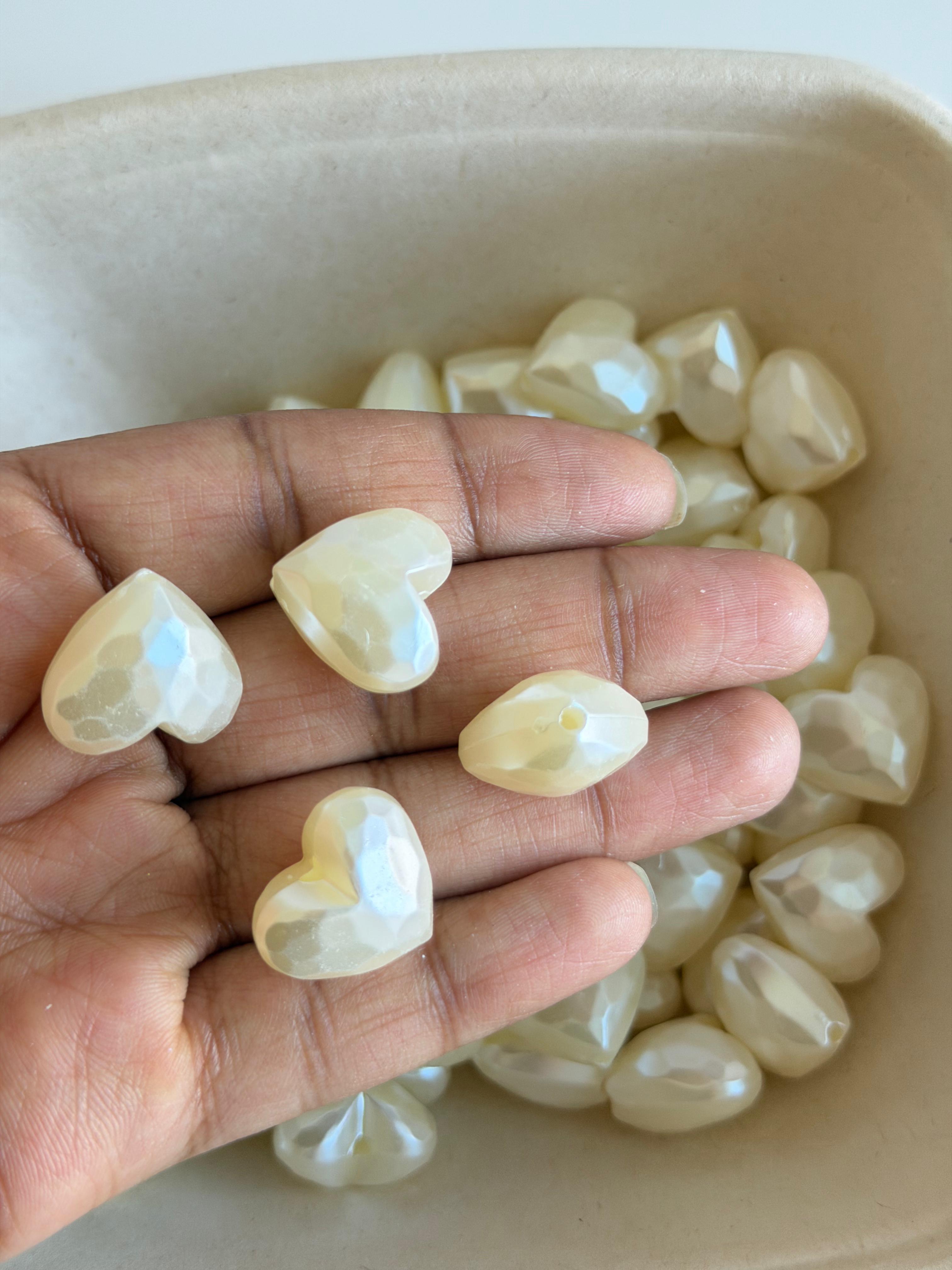 Faceted pearl Heart Beads-Ivory Heart Charms